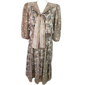 Diane Freis Georgette Dress Womens Vintage Mixed Print Elastic Waist Scarf Beige
